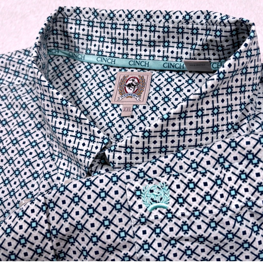 Cinch Western Shirt Mens XXL White Teal Geometric Roy Cooper Roping 2021 Cowboy